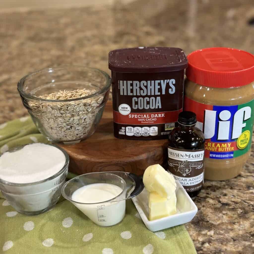 The ingredients to make chocolate peanut butter no bakes.