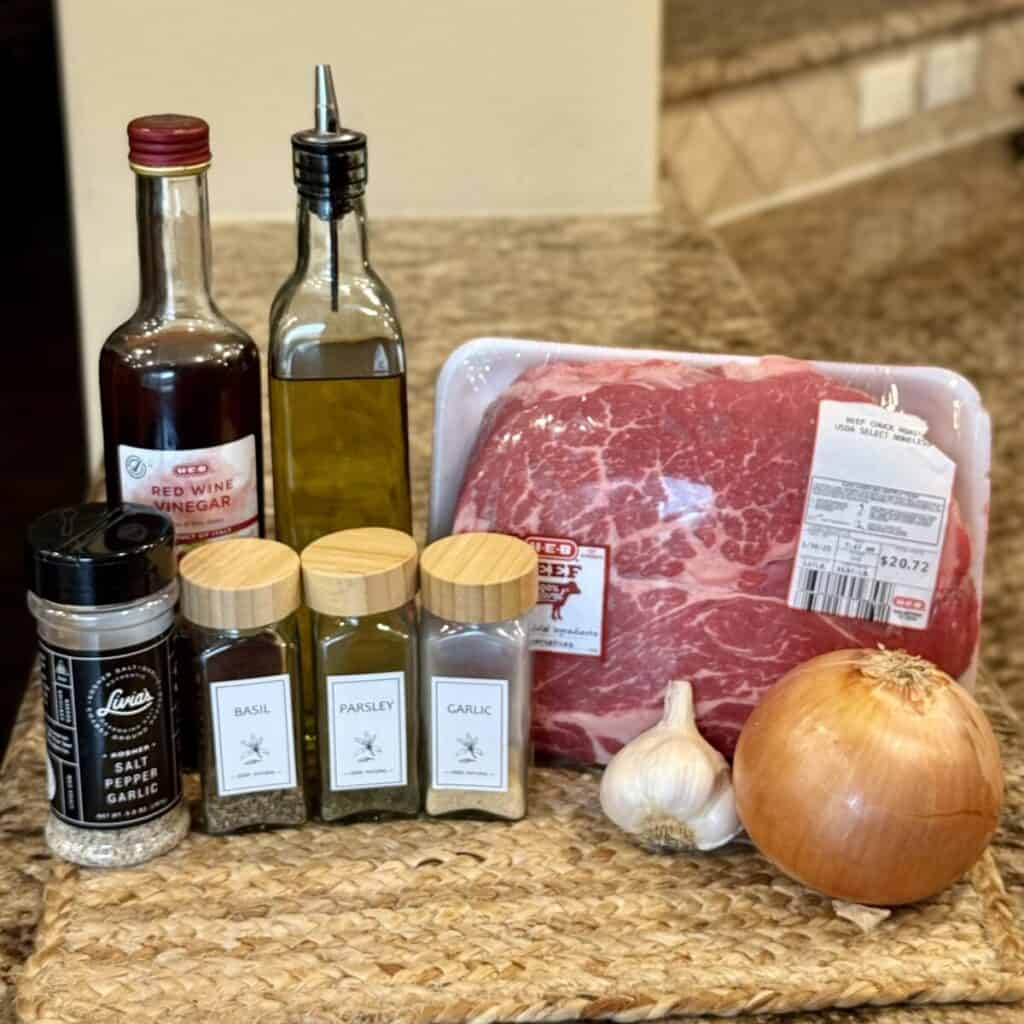 The ingredients to make crockpot roast beef.