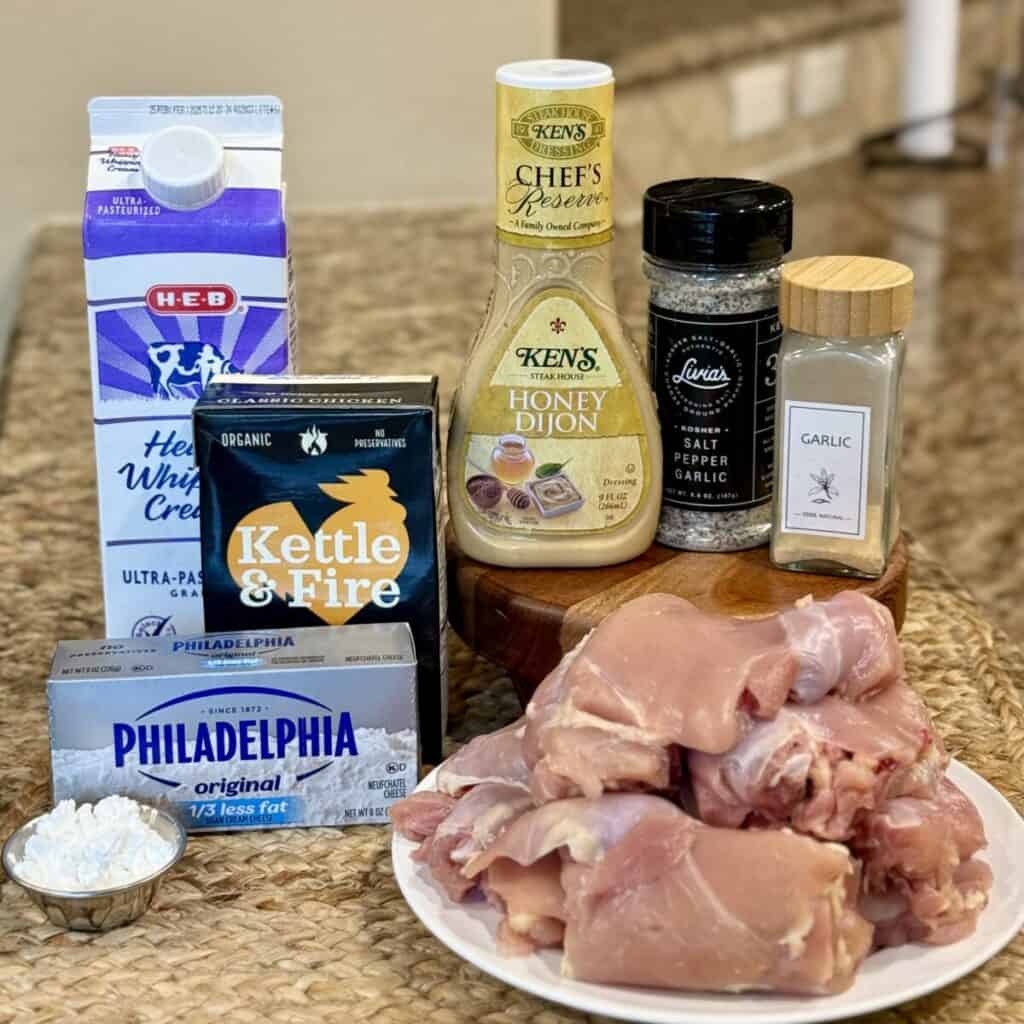 The ingredients to make crockpot honey mustard chicken.