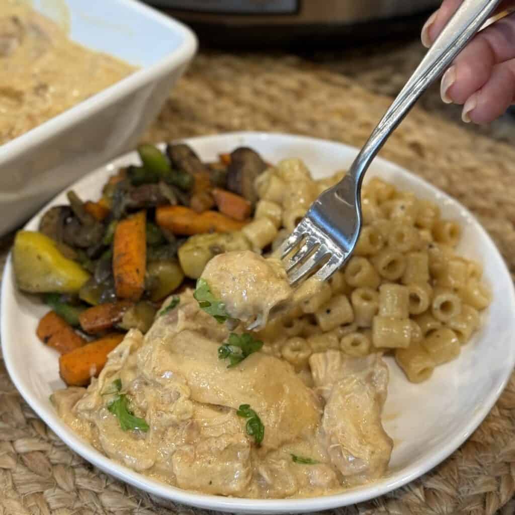 A plate of crockpot honey mustard chicken, vegetables and pasta.