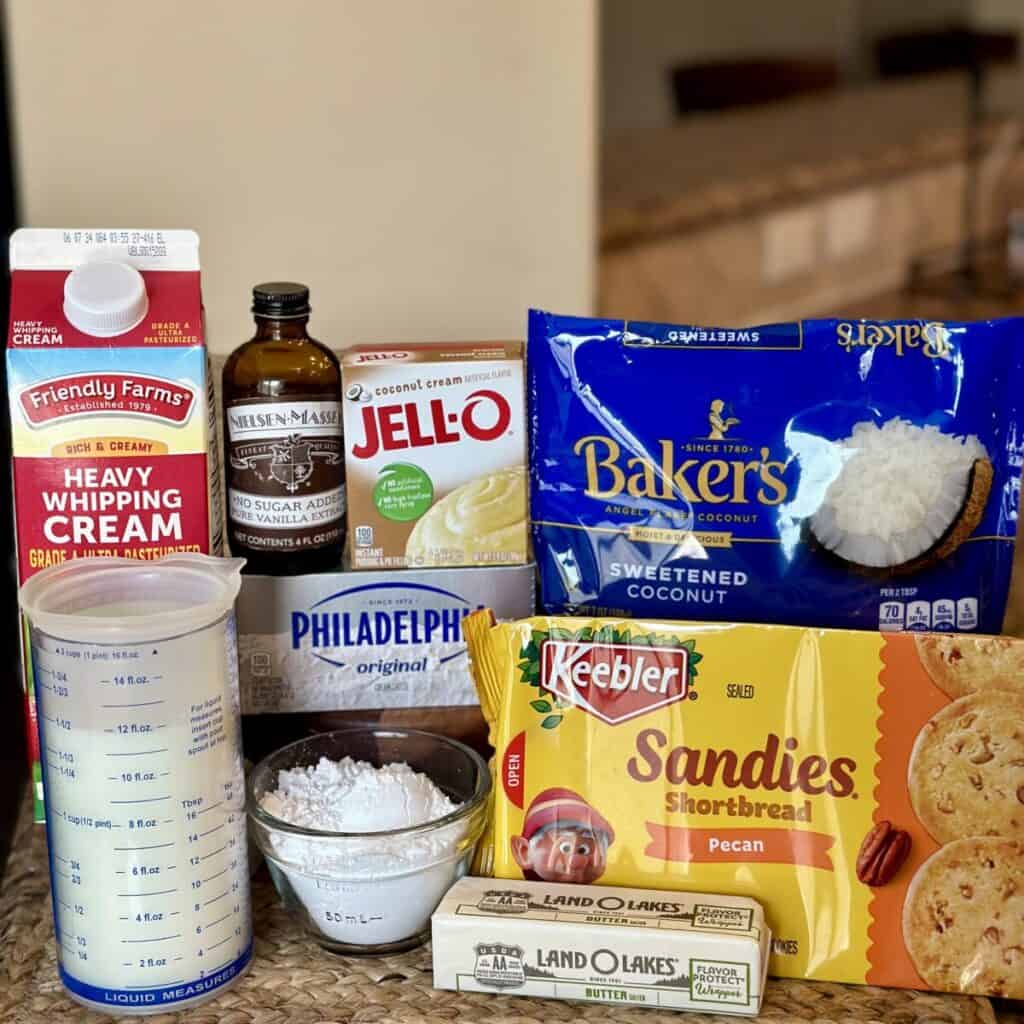 Ingredients to make a no bake coconut cream pie.