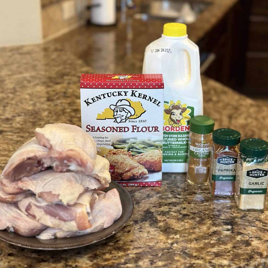 The ingredients to make fried chicken. 