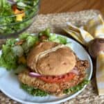 A fried pork tenderloin sandwich on a plate.