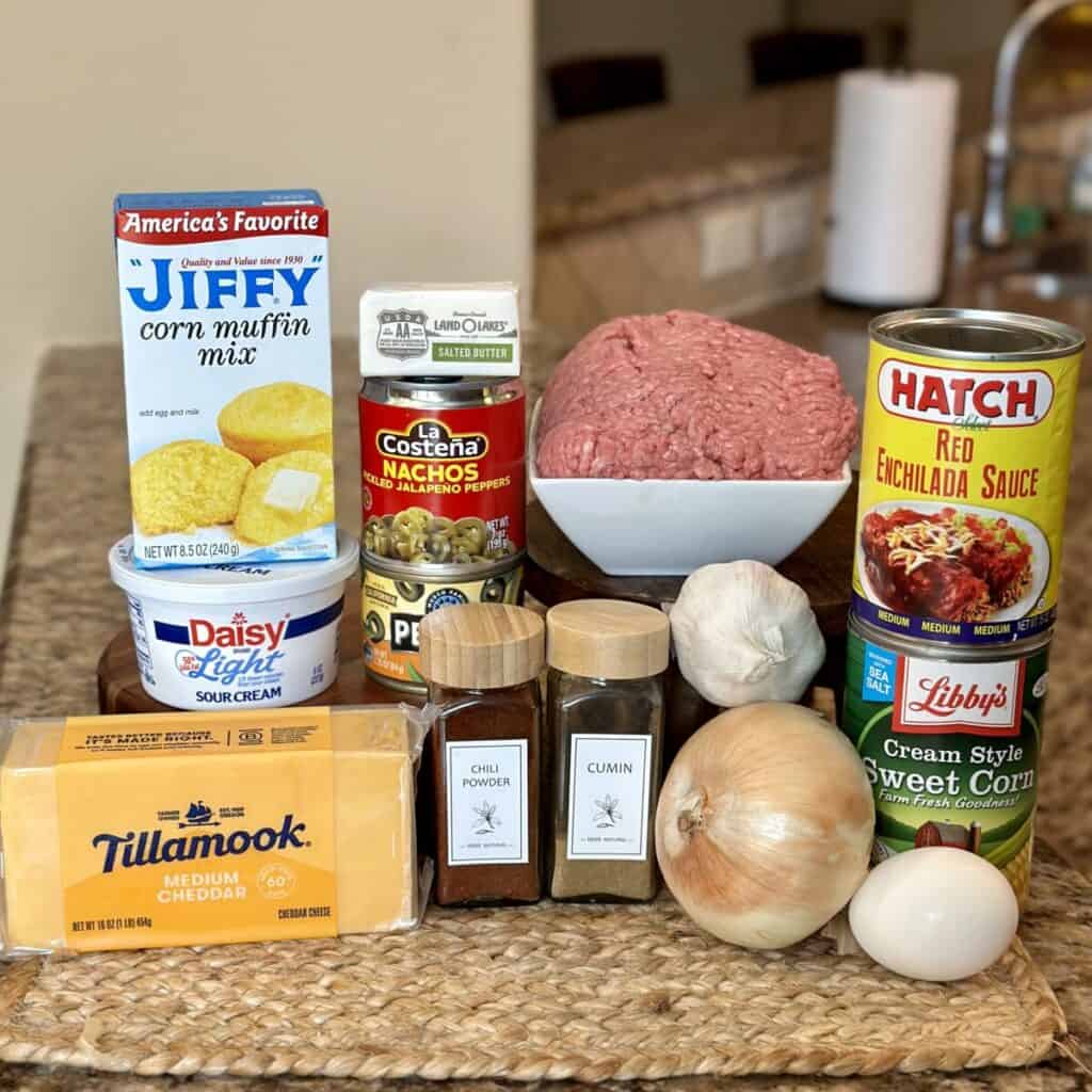 The ingredients to make a jiffy tamale pie.