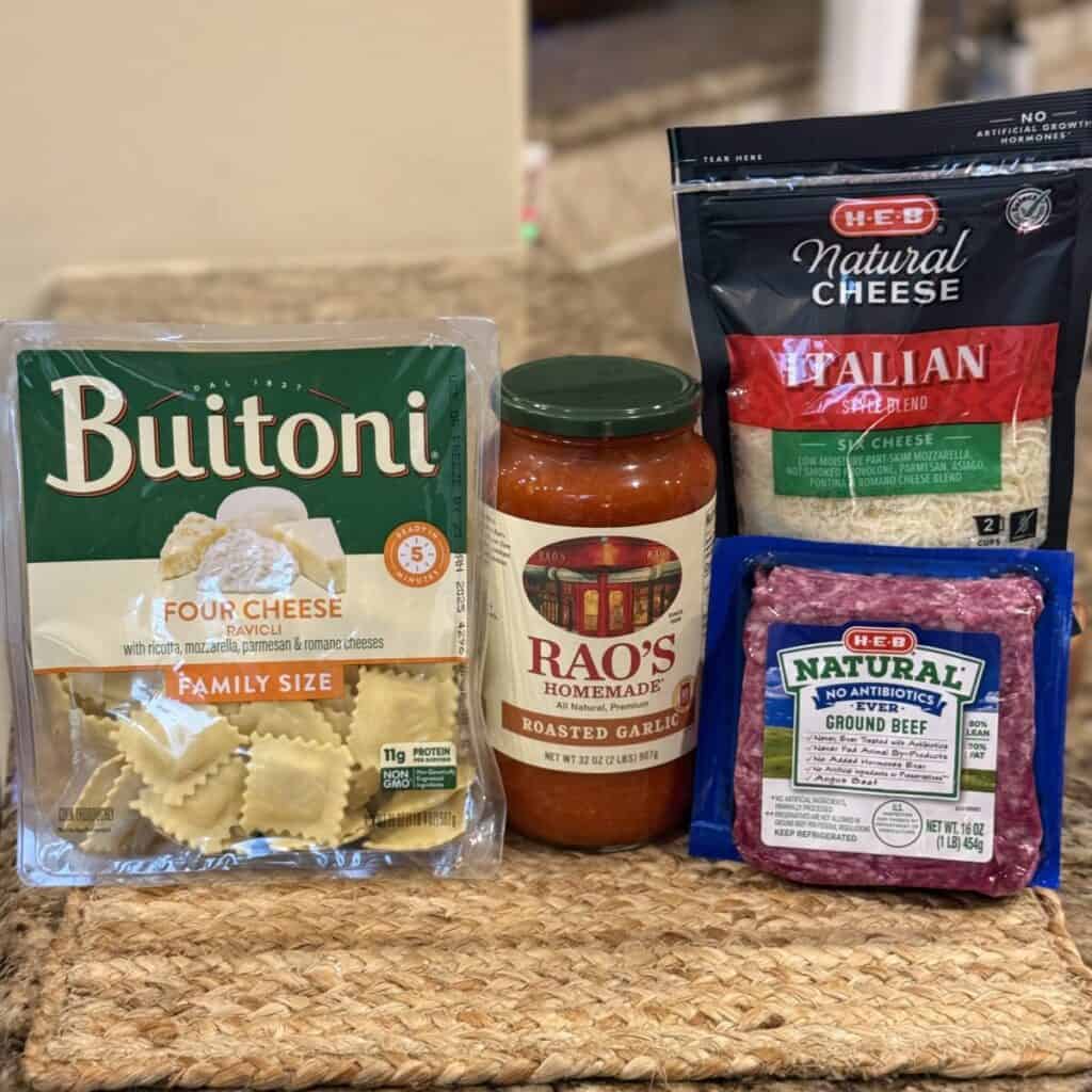 The ingredients to make a baked ravioli recipe.