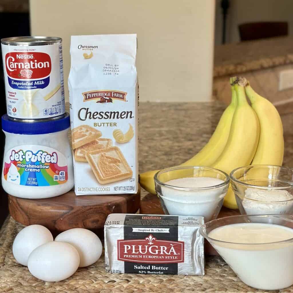 The ingredients needed to make baked banana pudding.