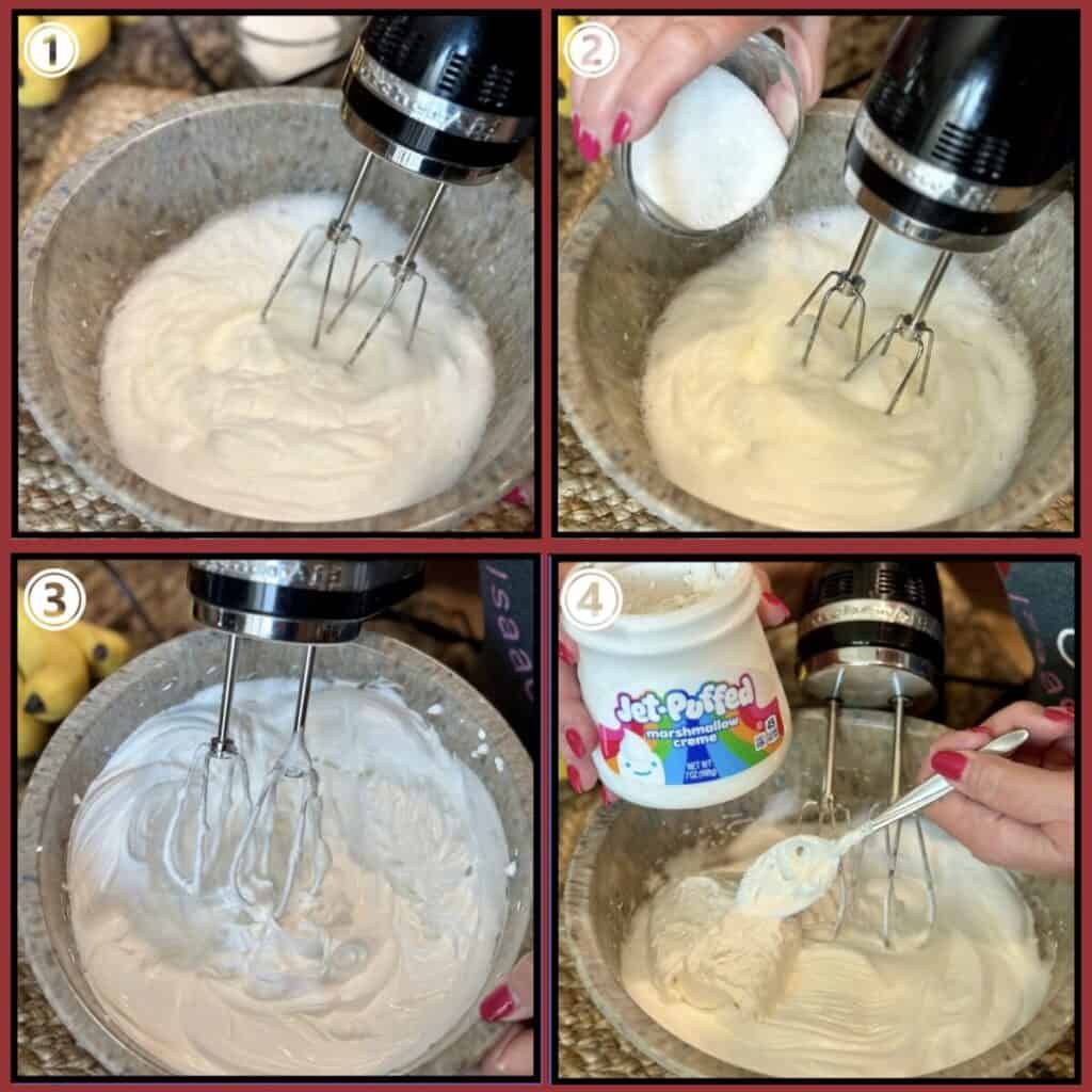 Four of the steps shown making meringue in a bowl with a hand mixer.