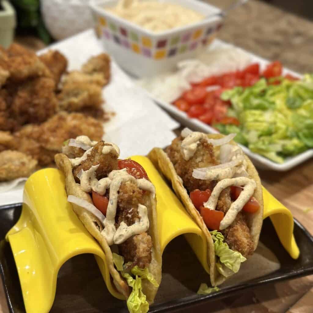 Two fried chicken tacos.