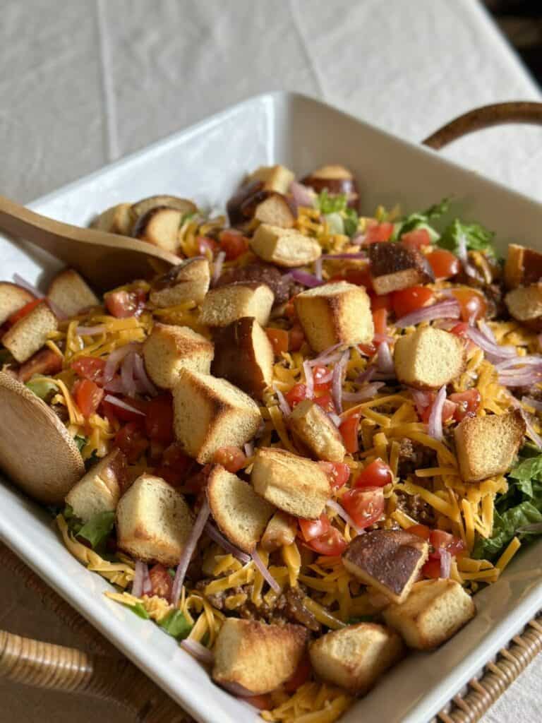 A bowl full of cheeseburger salad.