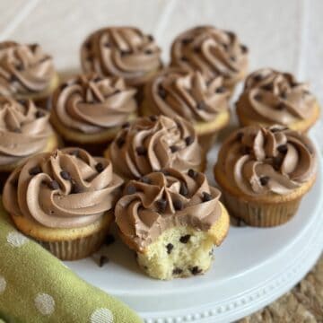 A plate of chocolate chip cupcakes.