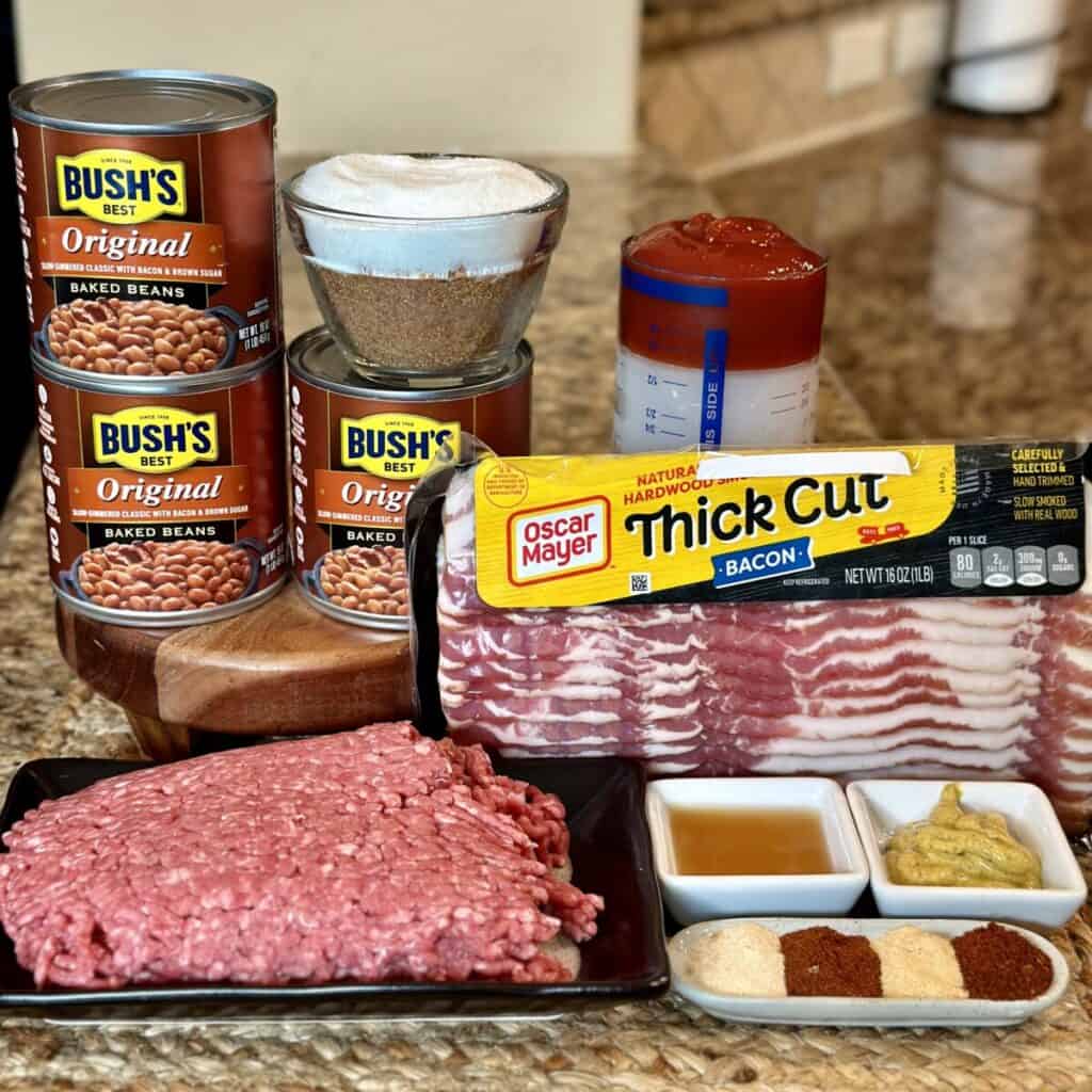 The ingredients to make Baked beans and ground beef.