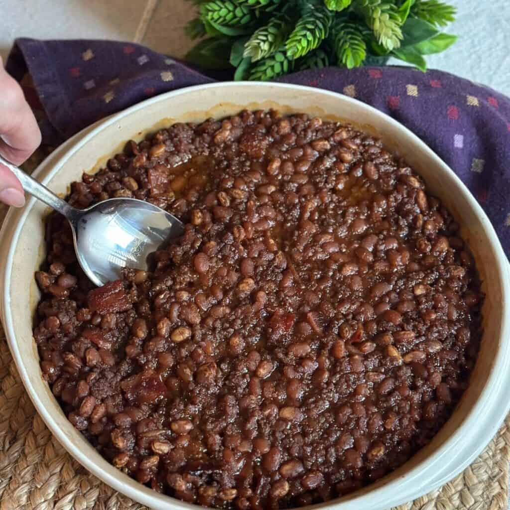 A pan of ground beef baked beans.