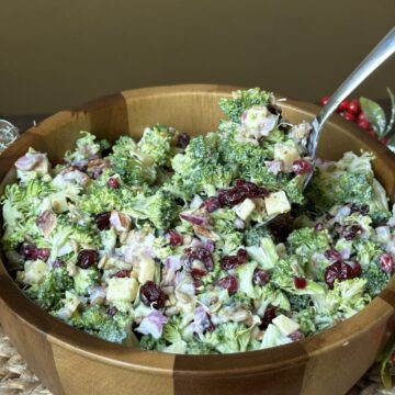 A spoonful of broccoli cranberry salad.