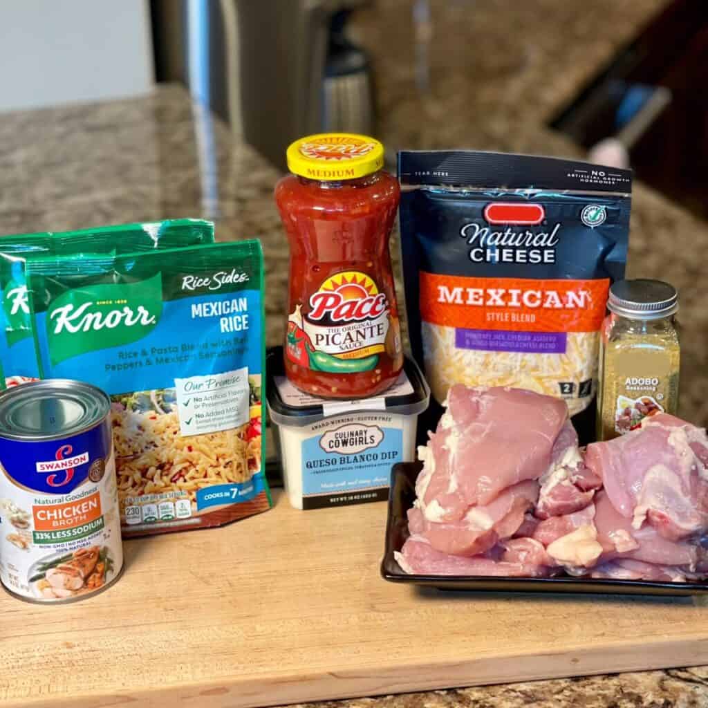 The ingredients to make queso chicken and rice.