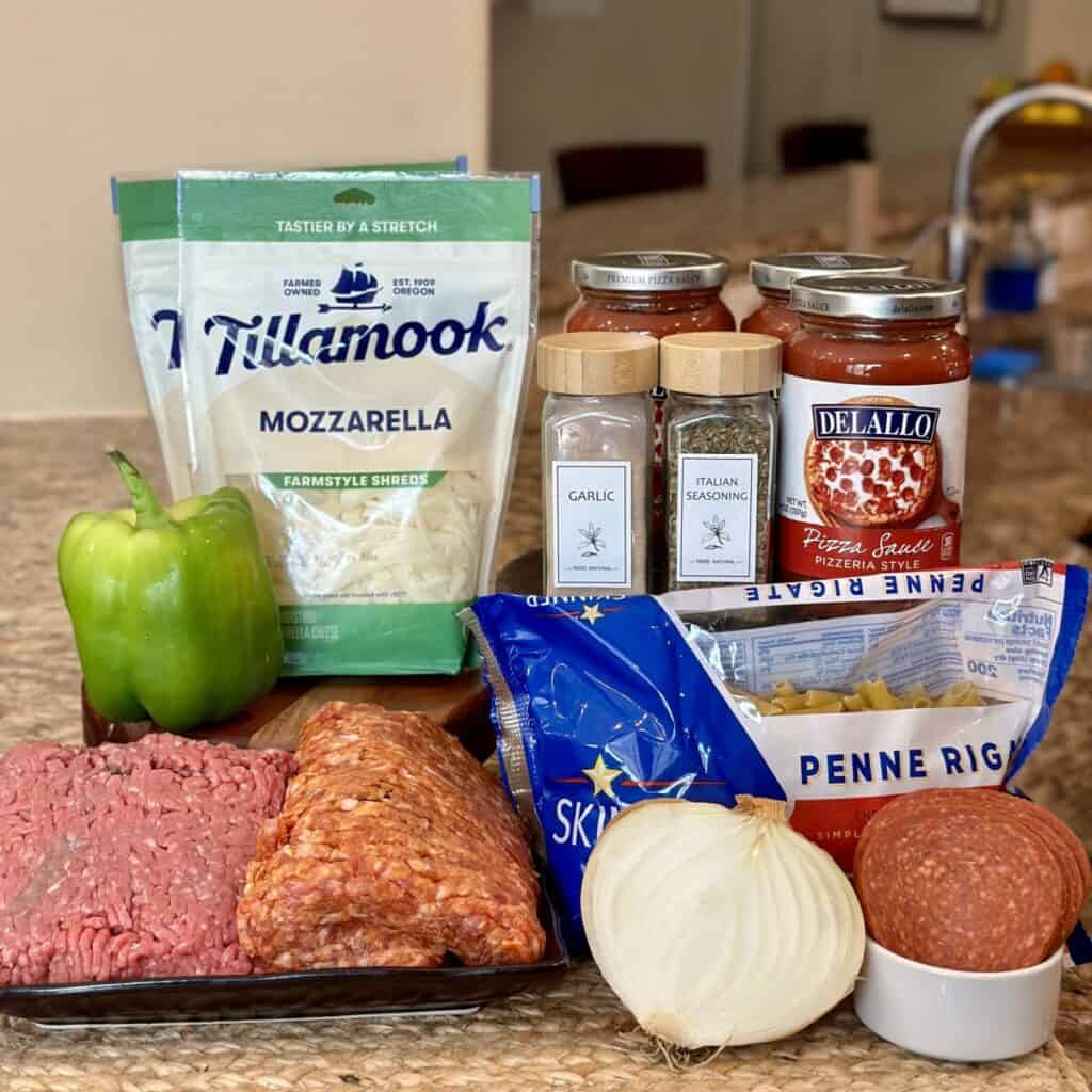 The ingredients to make pizza casserole.