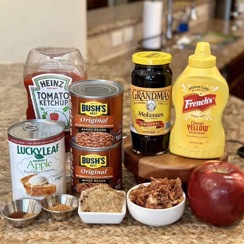 The ingredients to make apple pie baked beans.