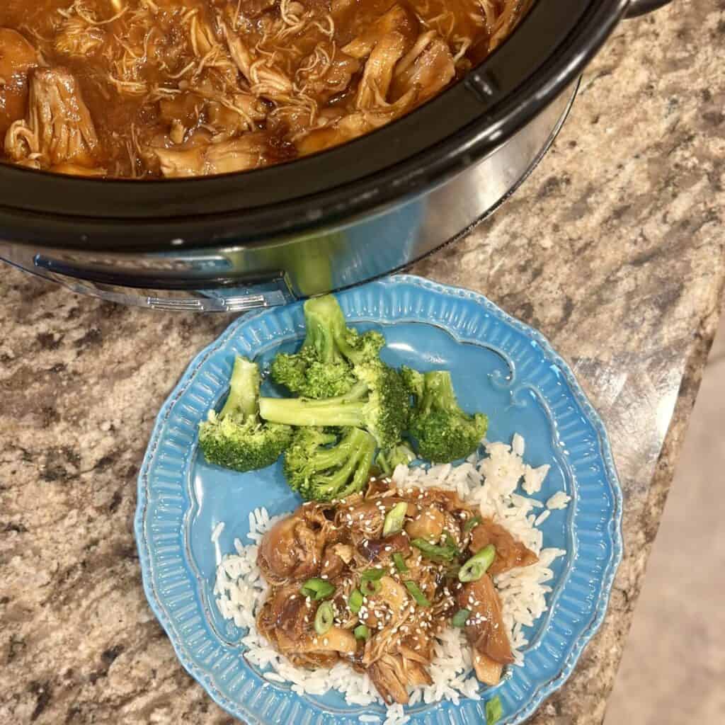 A plate of honey garlic chicken and broccoli.