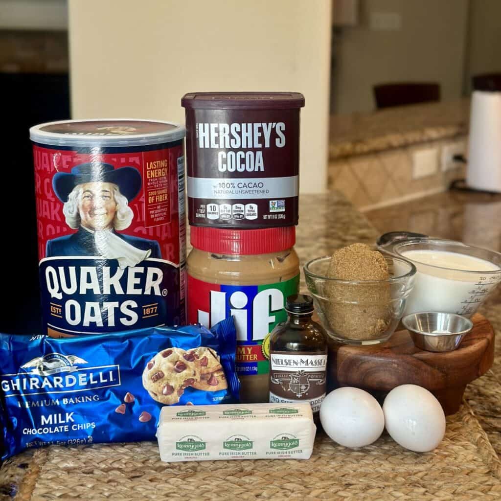 The ingredients to make baked chocolate oatmeal.