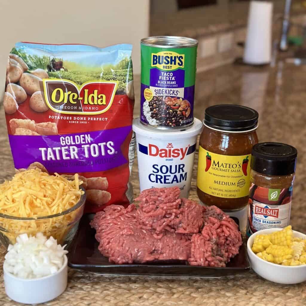 The ingredients to make taco tater tot casserole.