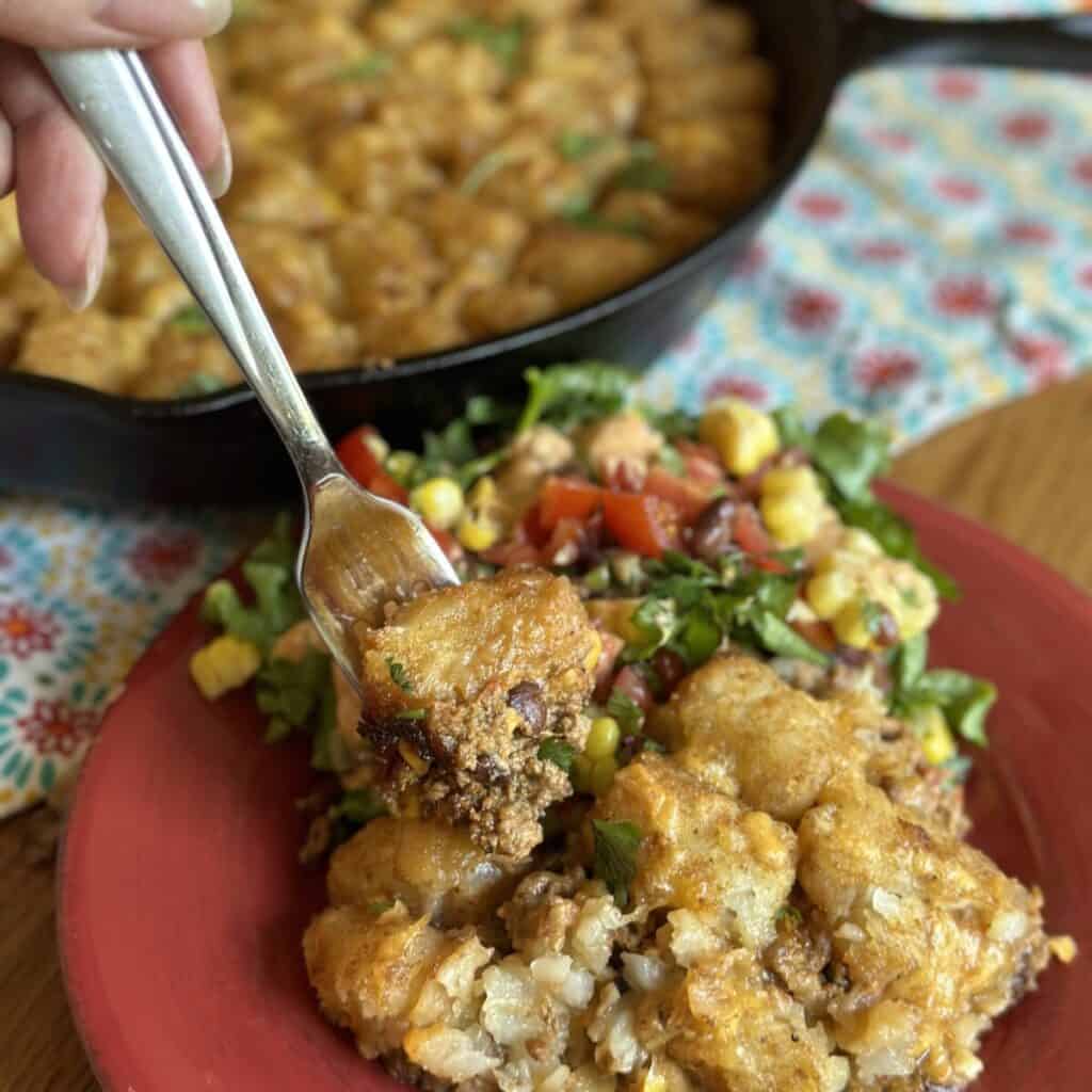 A serving of taco tater tot casserole.