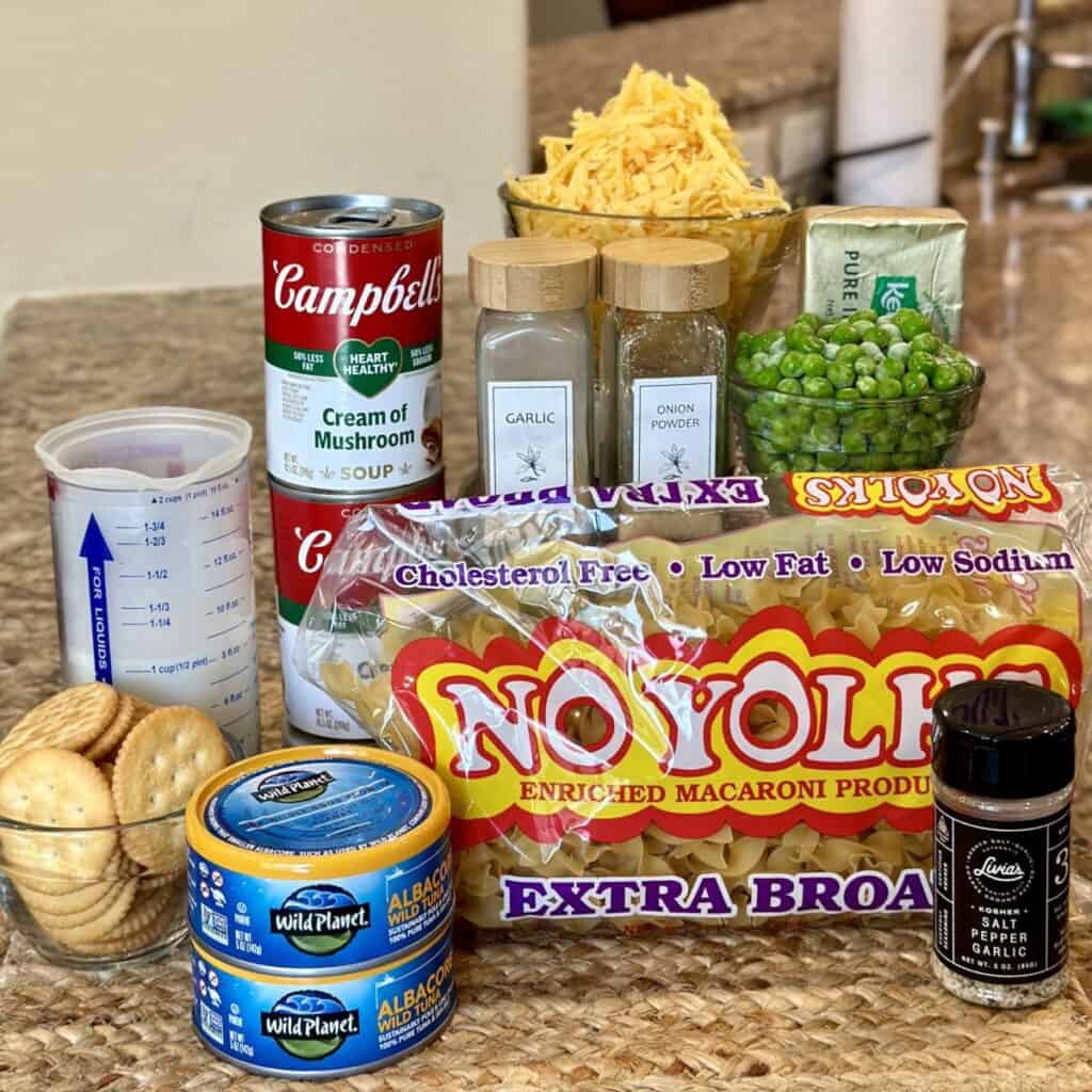 Ingredients to make old fashioned tuna noodle casserole.