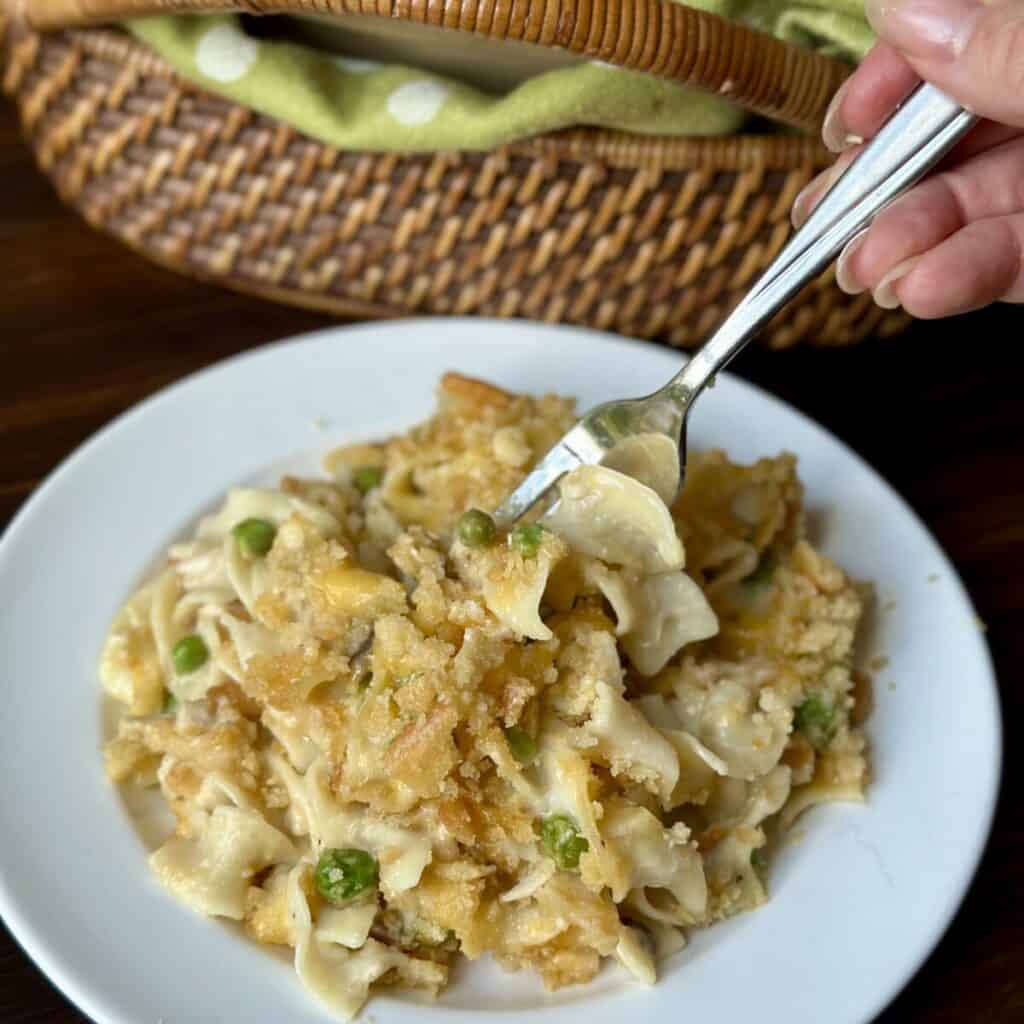 Tuna noodle casserole on a plate.