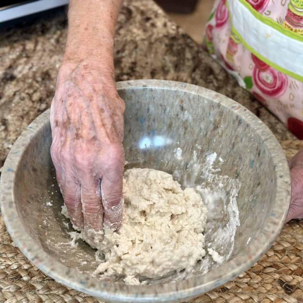 Dough in a bowl for dumplings.