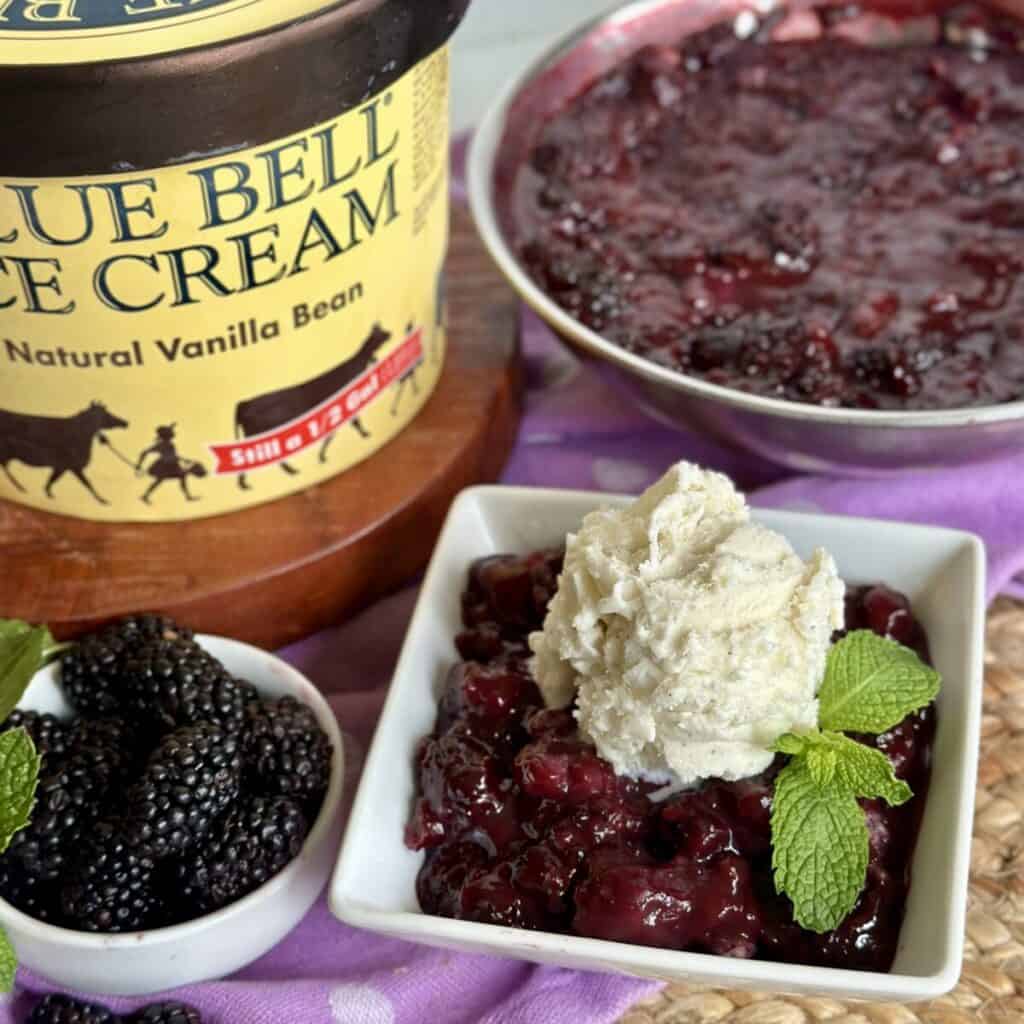 A serving of blackberry dumplings and ice cream.