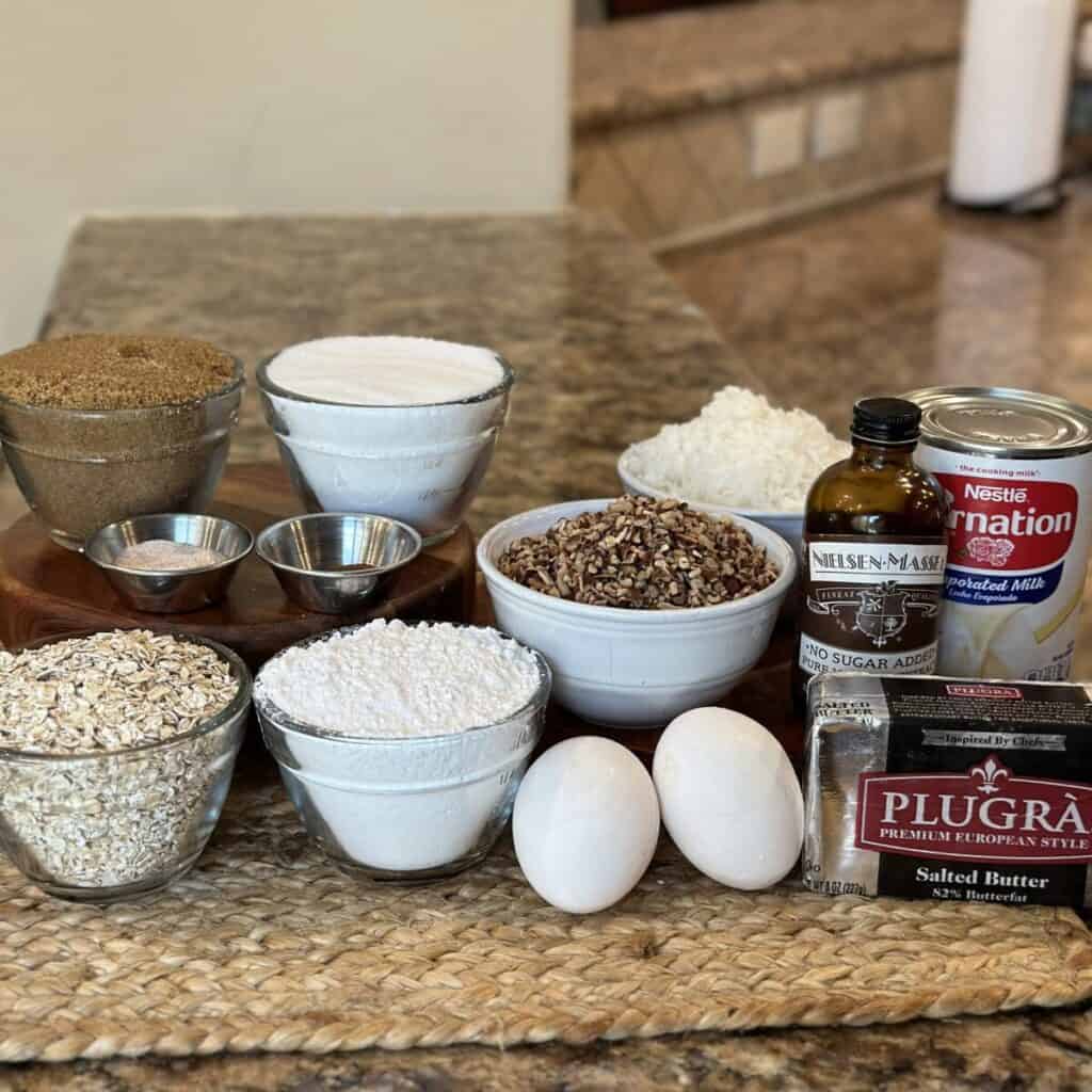 The ingredients to make an oatmeal cake.