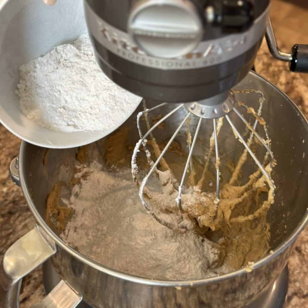 Adding dry ingredient to oatmeal cake batter.