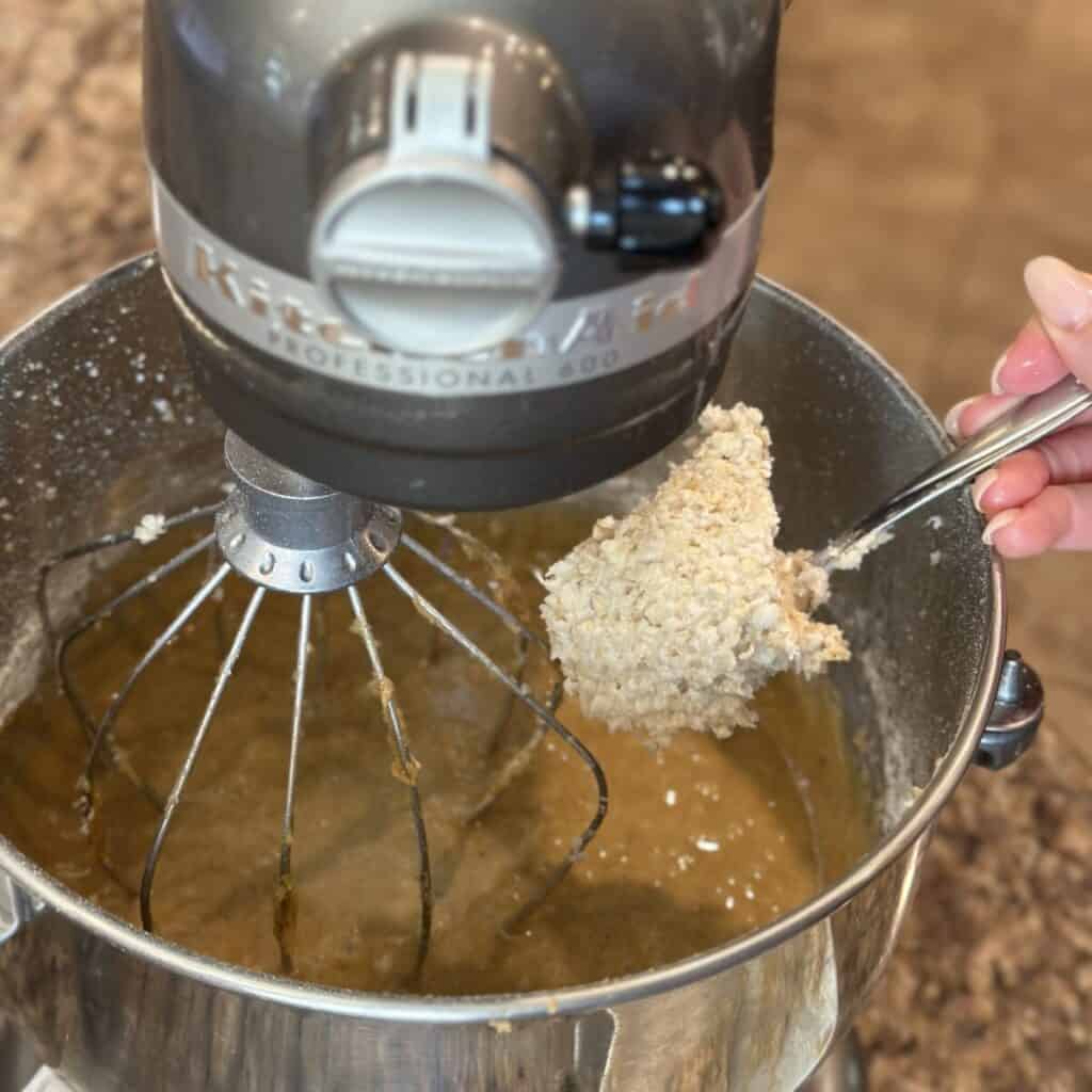 Adding oatmeal to cake batter.