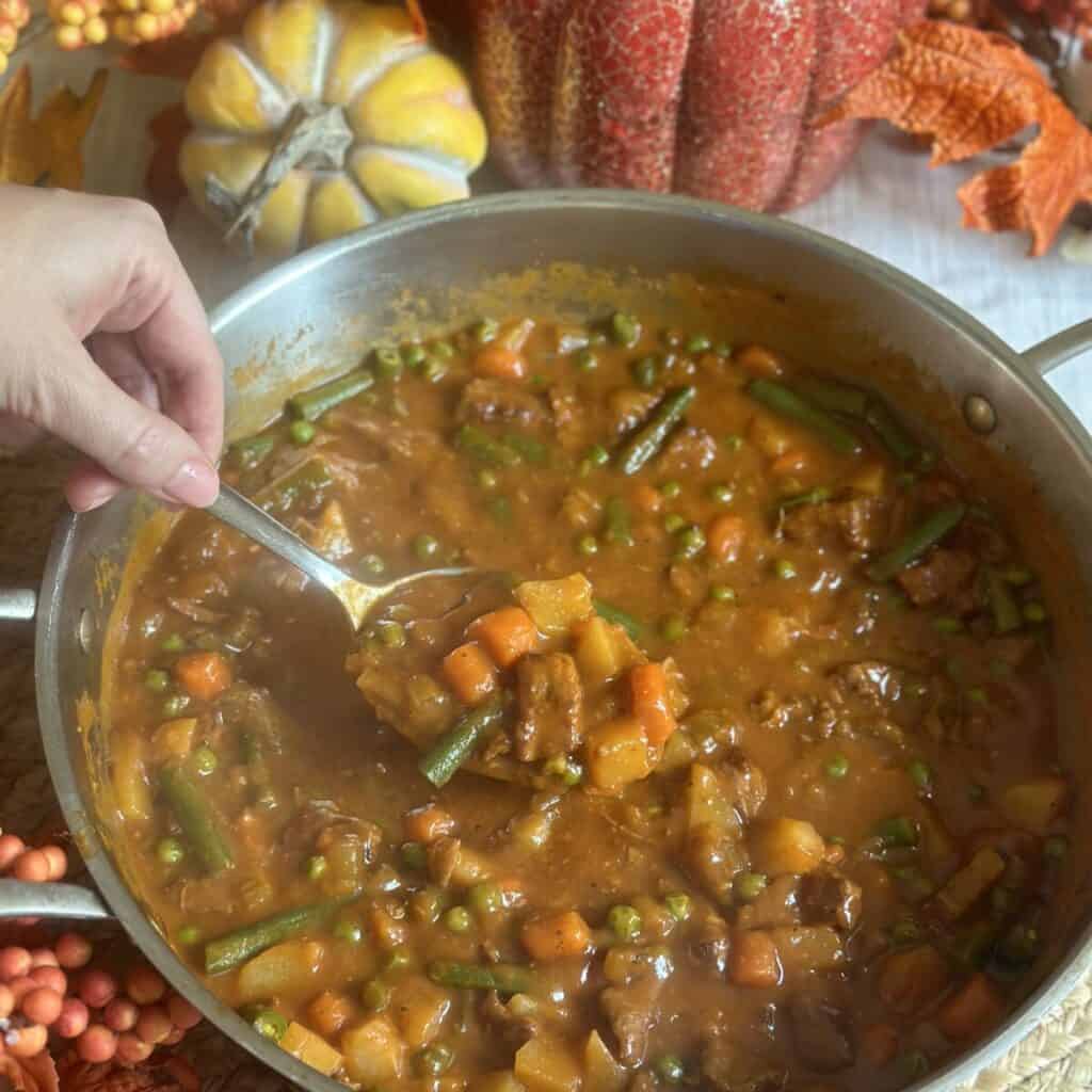 A spoon in a pan of vegetable beef soup.