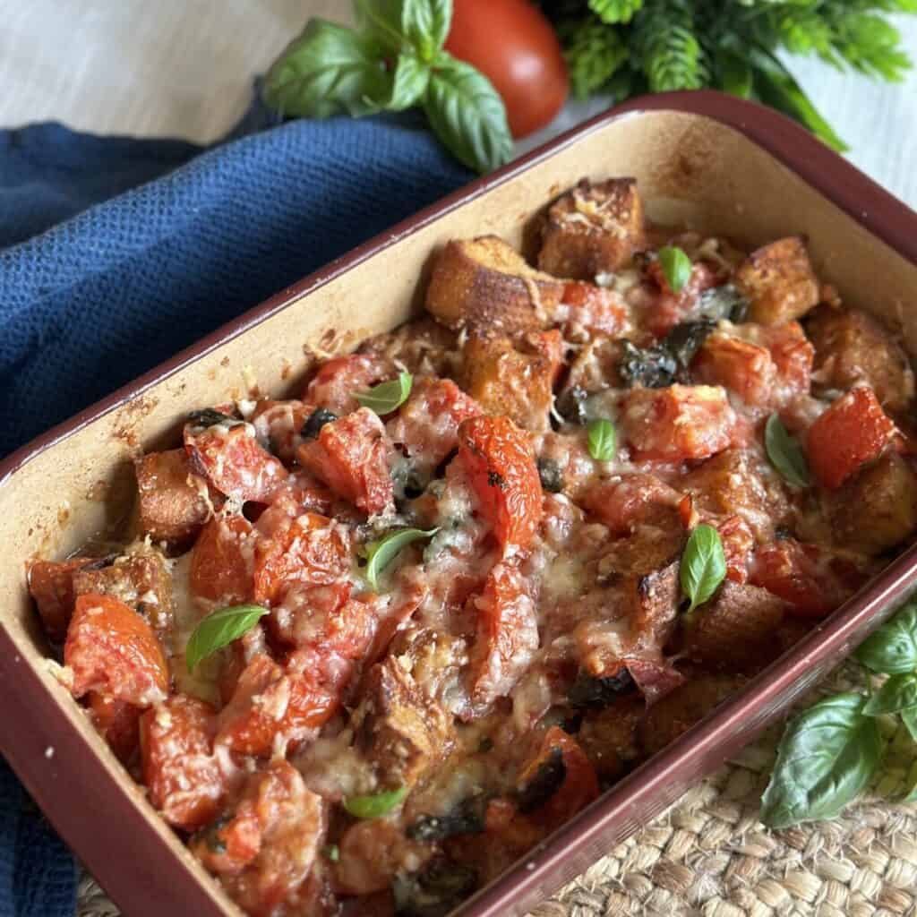 A pan of scalloped tomatoes.