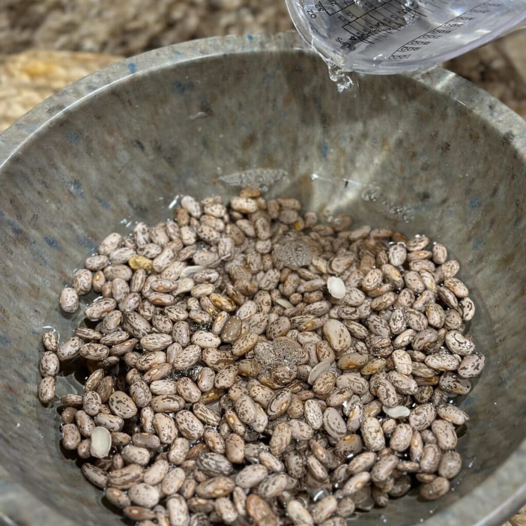 Adding water to pinto beans in a bowl.