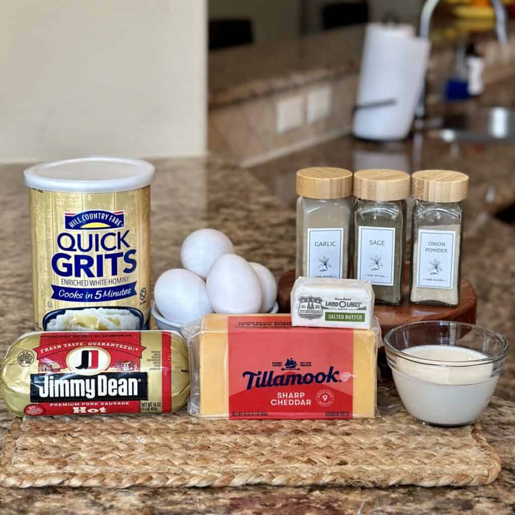 The ingredients to make grits and sausage casserole.