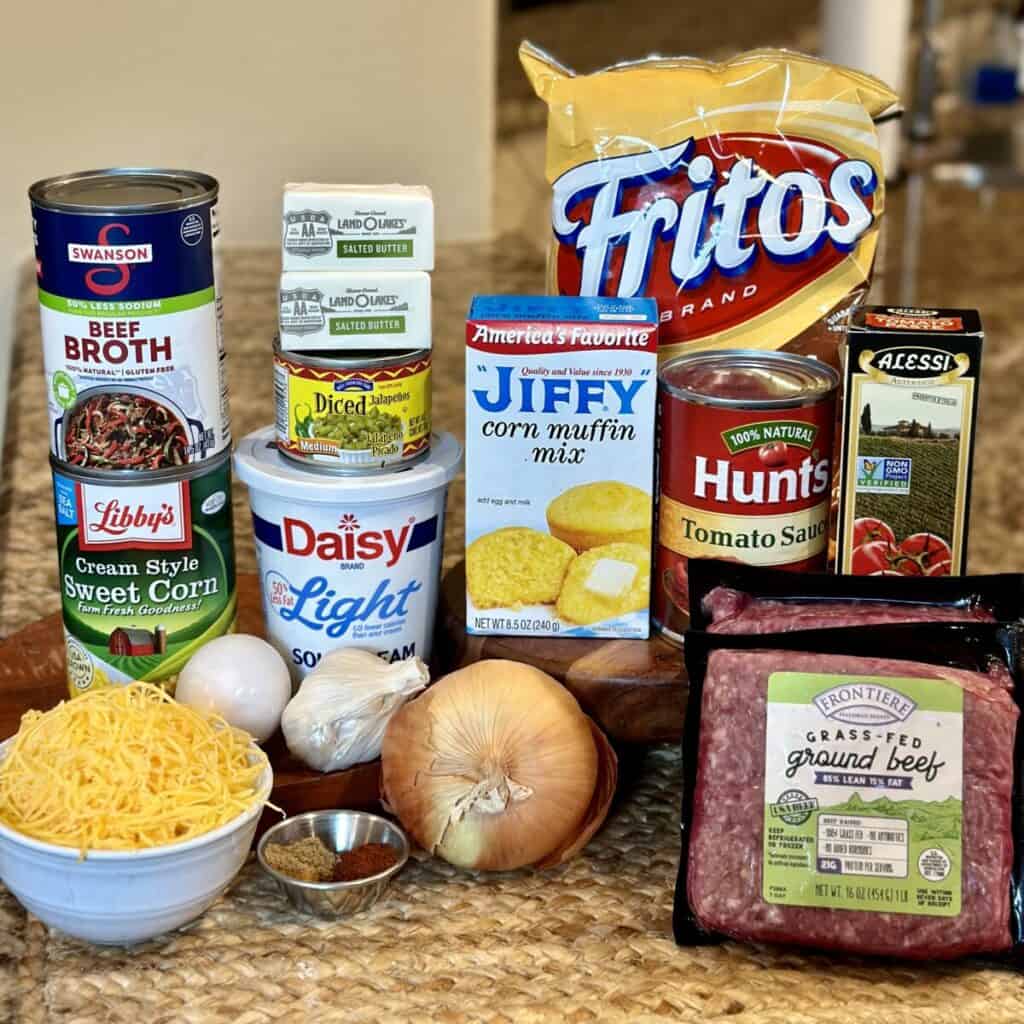 The ingredients to make cornbread chili pie.