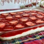 A pan of old fashioned strawberry pretzel salad.