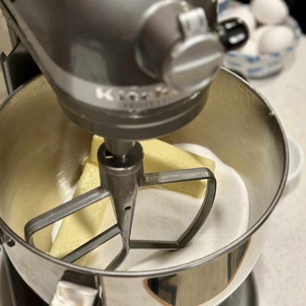 Creaming butter and sugar in a stand mixer.