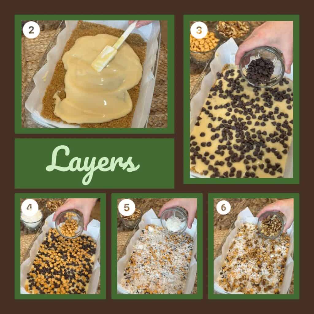 The layers of 7 layer magic cookie bars.