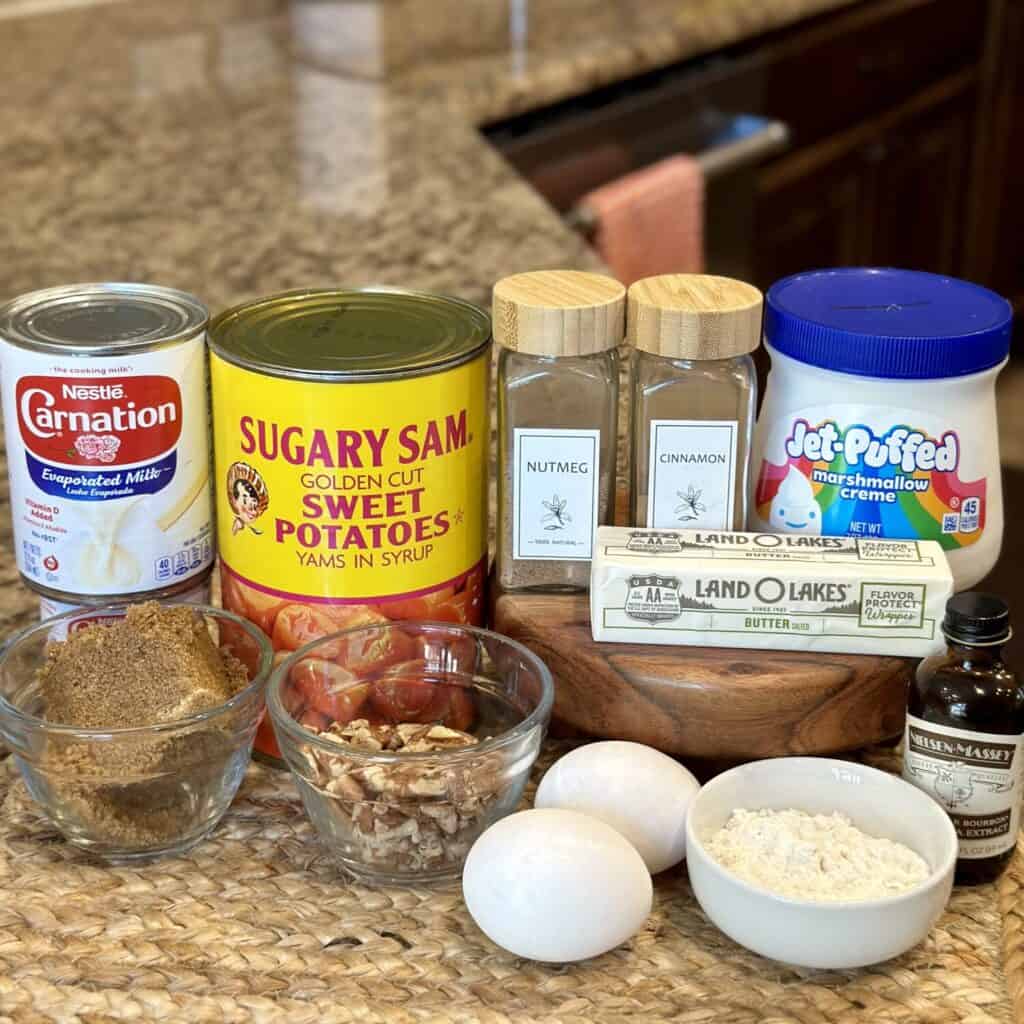 The ingredients to make easy sweet potato casserole.