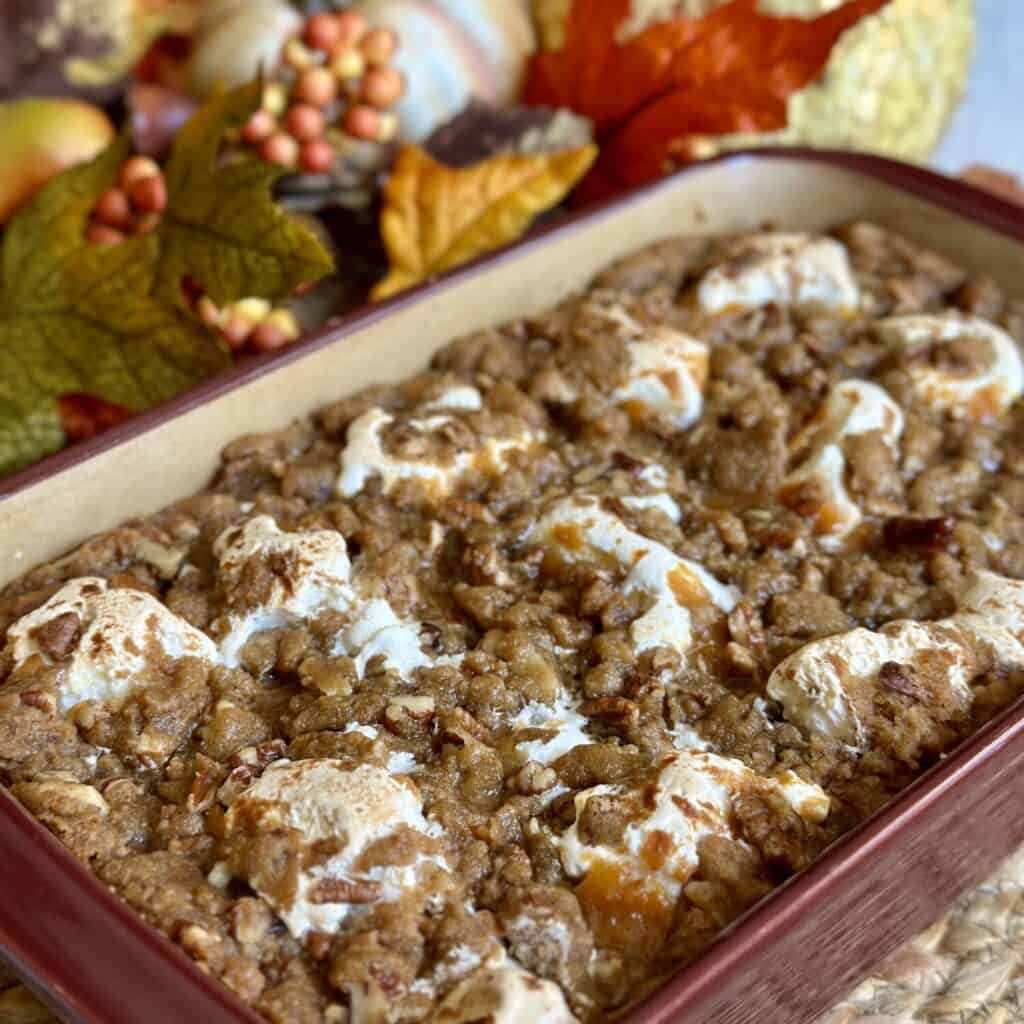 A dish of easy sweet potato casserole.