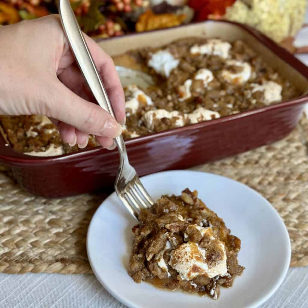 A saucer of easy sweet potato casserole.