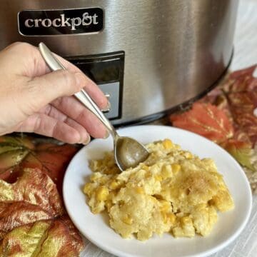 Crockpot cornbread pudding on a plate.