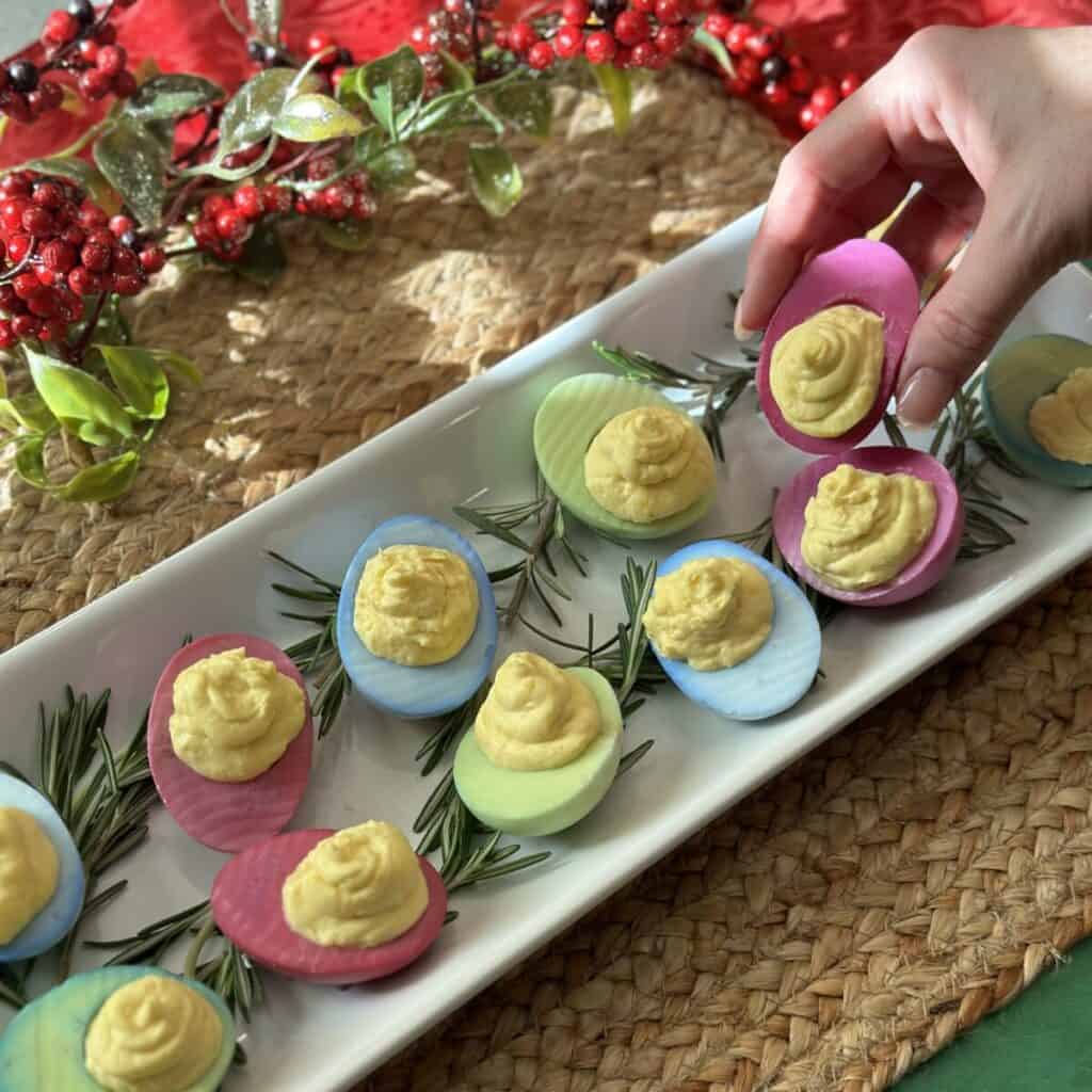 A tray of Christmas Deviled Eggs.