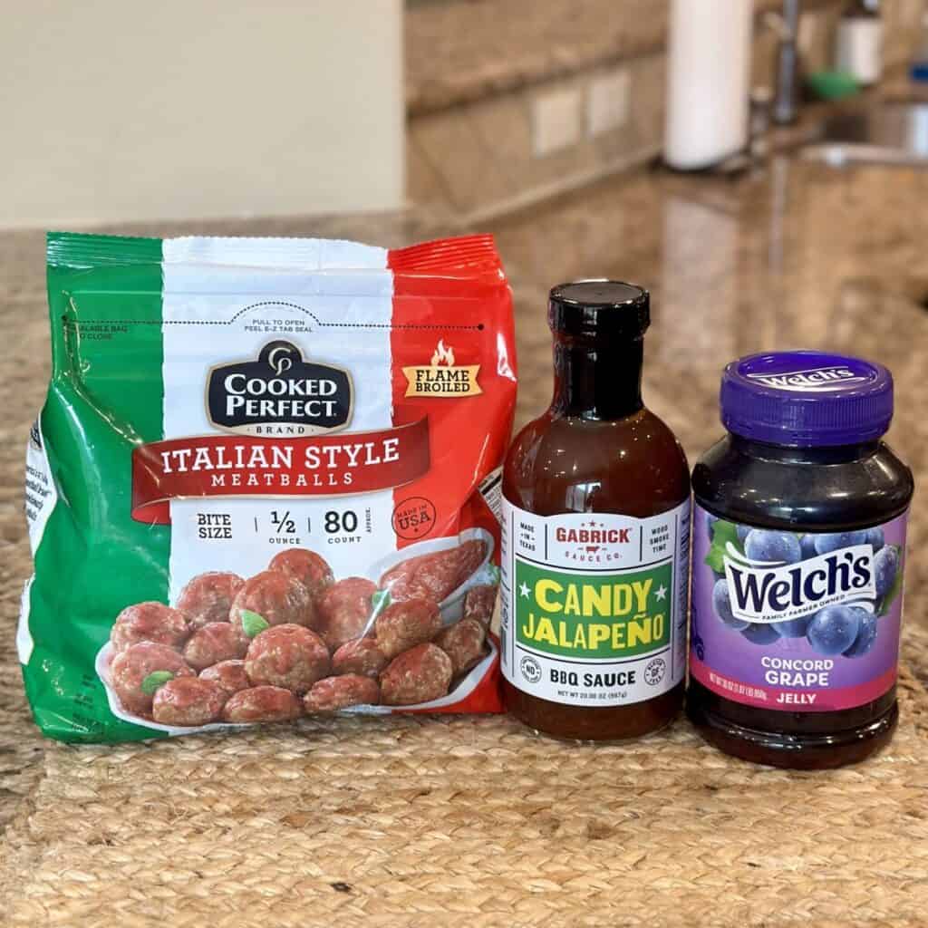 The ingredients to make grape jelly and barbecue sauce meatballs.