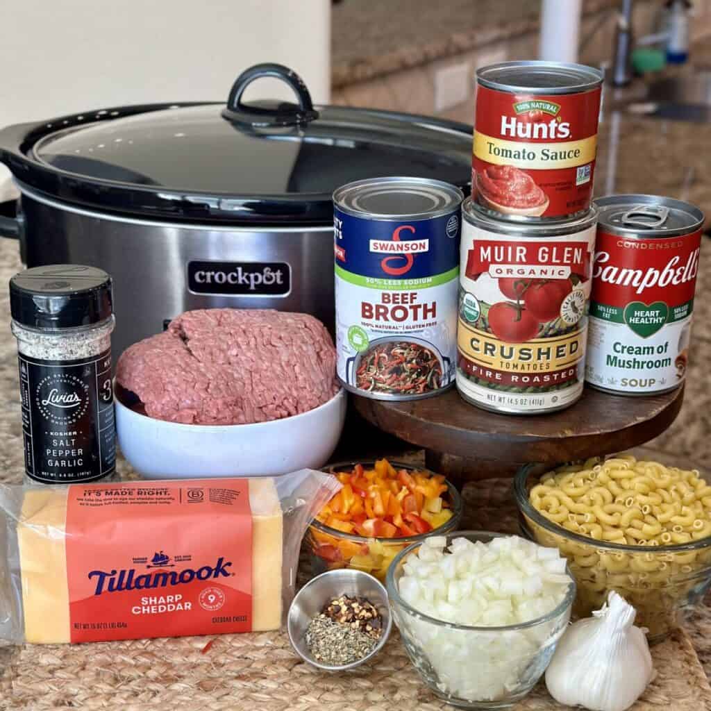 The ingredients to make slow cooker hamburger helper.