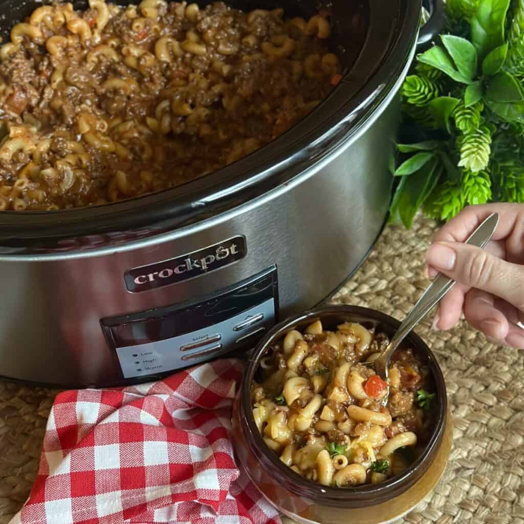 A bowl of slow cooker hamburger helper.