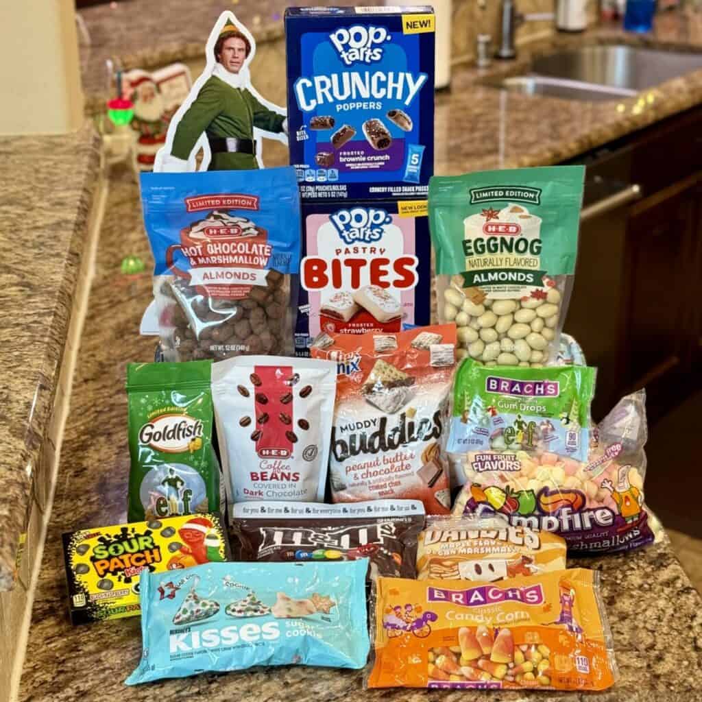 The ingredients to make holiday elf snack mix.