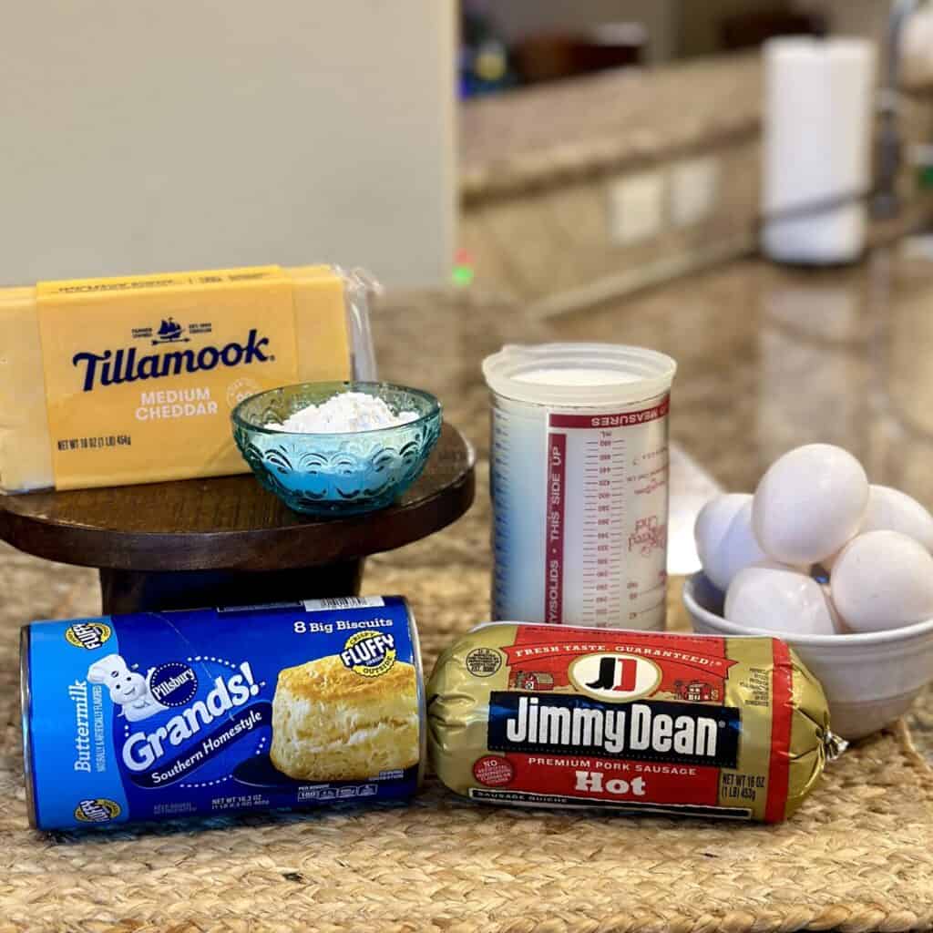 The ingredients to make biscuits and gravy casserole.