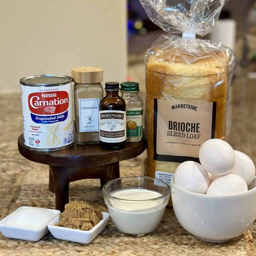 The ingredients to make brioche french toast casserole.